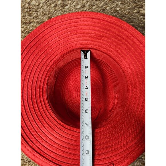 Red Straw Wide Down Brim Hat Flowers Net Feathers Satin Dome Adjustable Derby